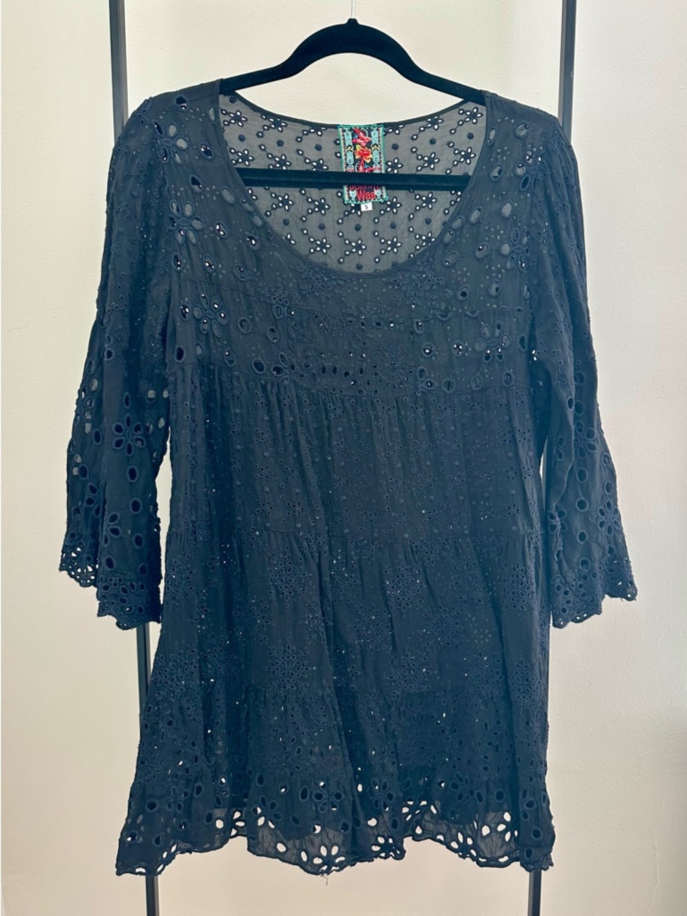 Johnny Was Black Eyelet Tiered Tunic Top